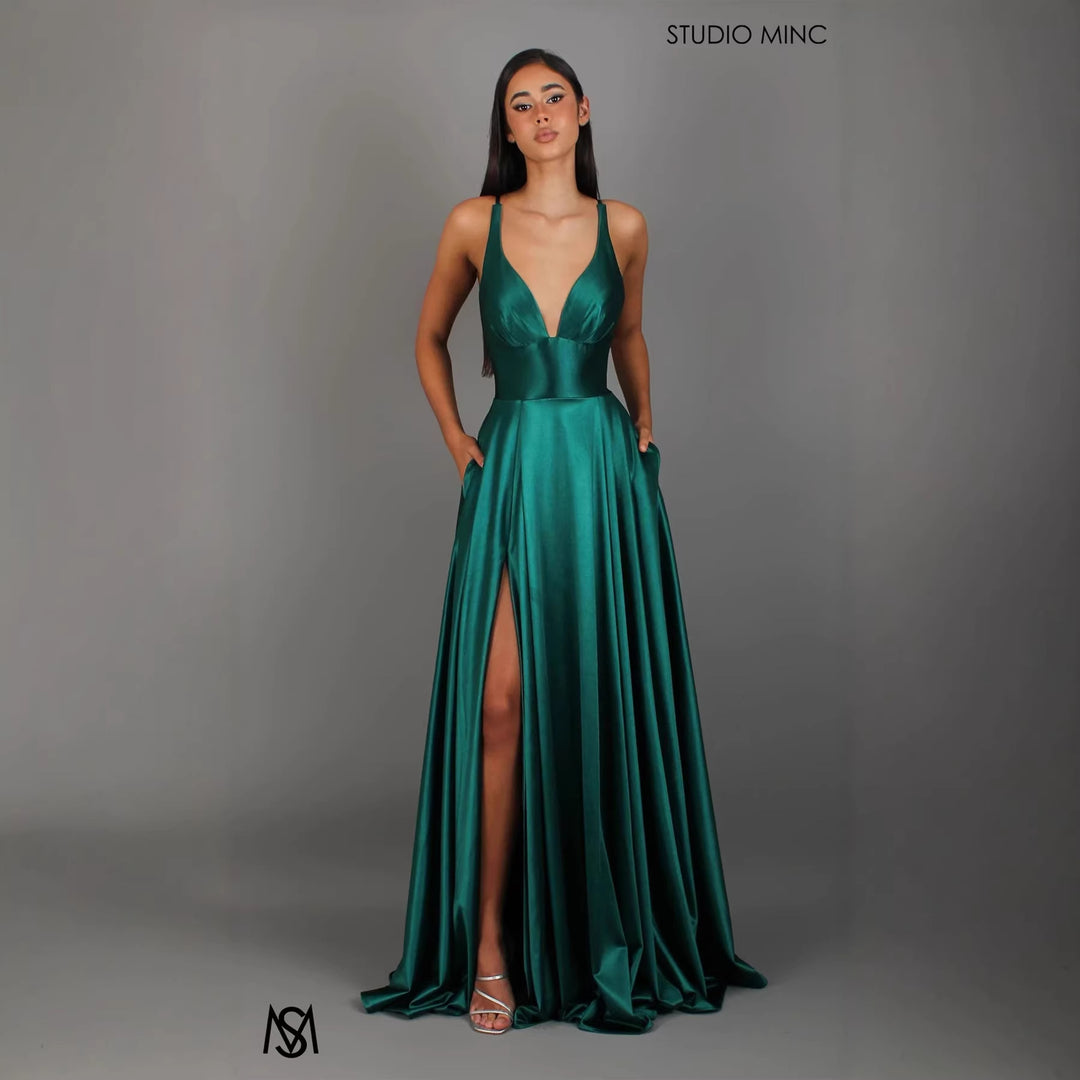 Damen Elegantes Maxikleid mit tiefem V-Ausschnitt und modischem Schlitz Drune