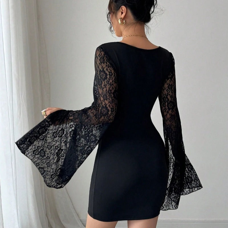 Damen Mini-Kleid mit transparenter Spitzenärmel und figurbetontem Schnitt Drune