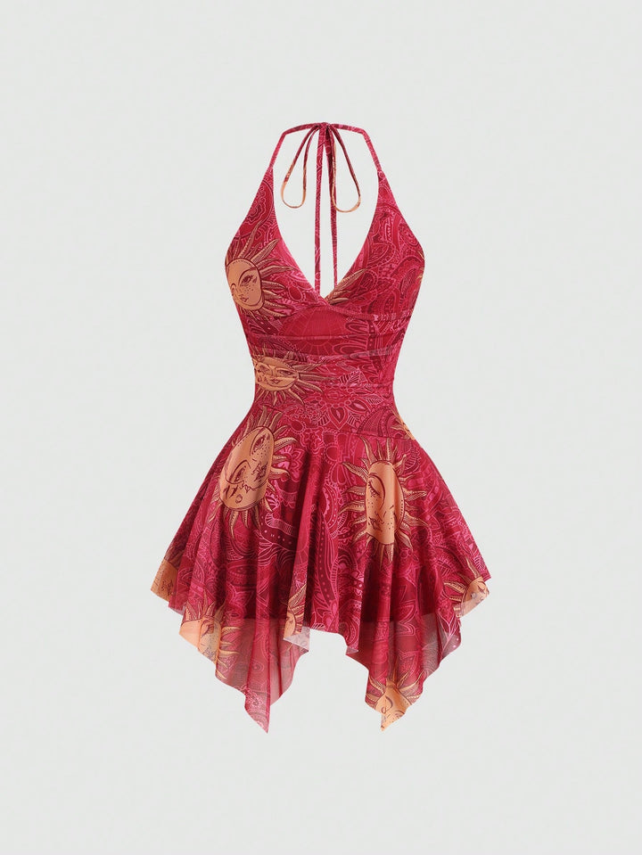 Damen lässiges Strandkleid mit asymmetrischem Saum und raffiniertem Druck Drune