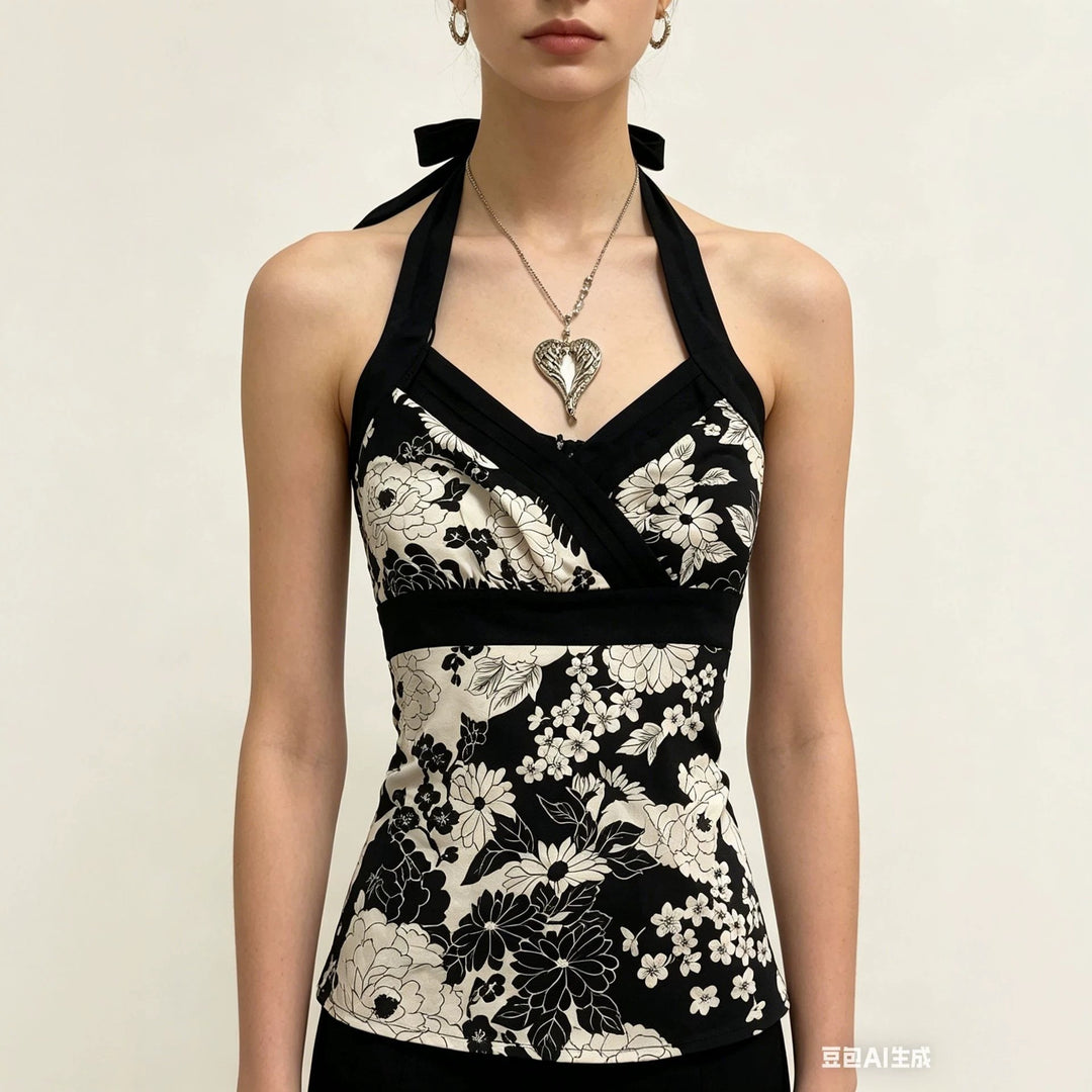 Damen elegantes Haltertop mit floralem Design Drune