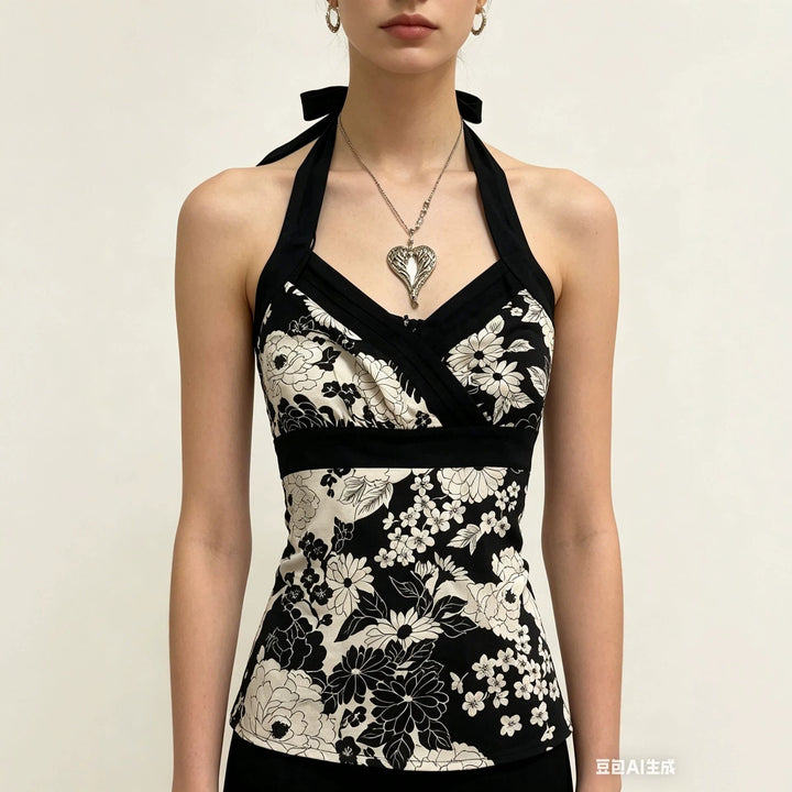 Damen elegantes Haltertop mit floralem Design Drune