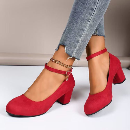 Damen Elegante Pumps mit breitem Blockabsatz und verstellbarem Knöchelriemen Drune