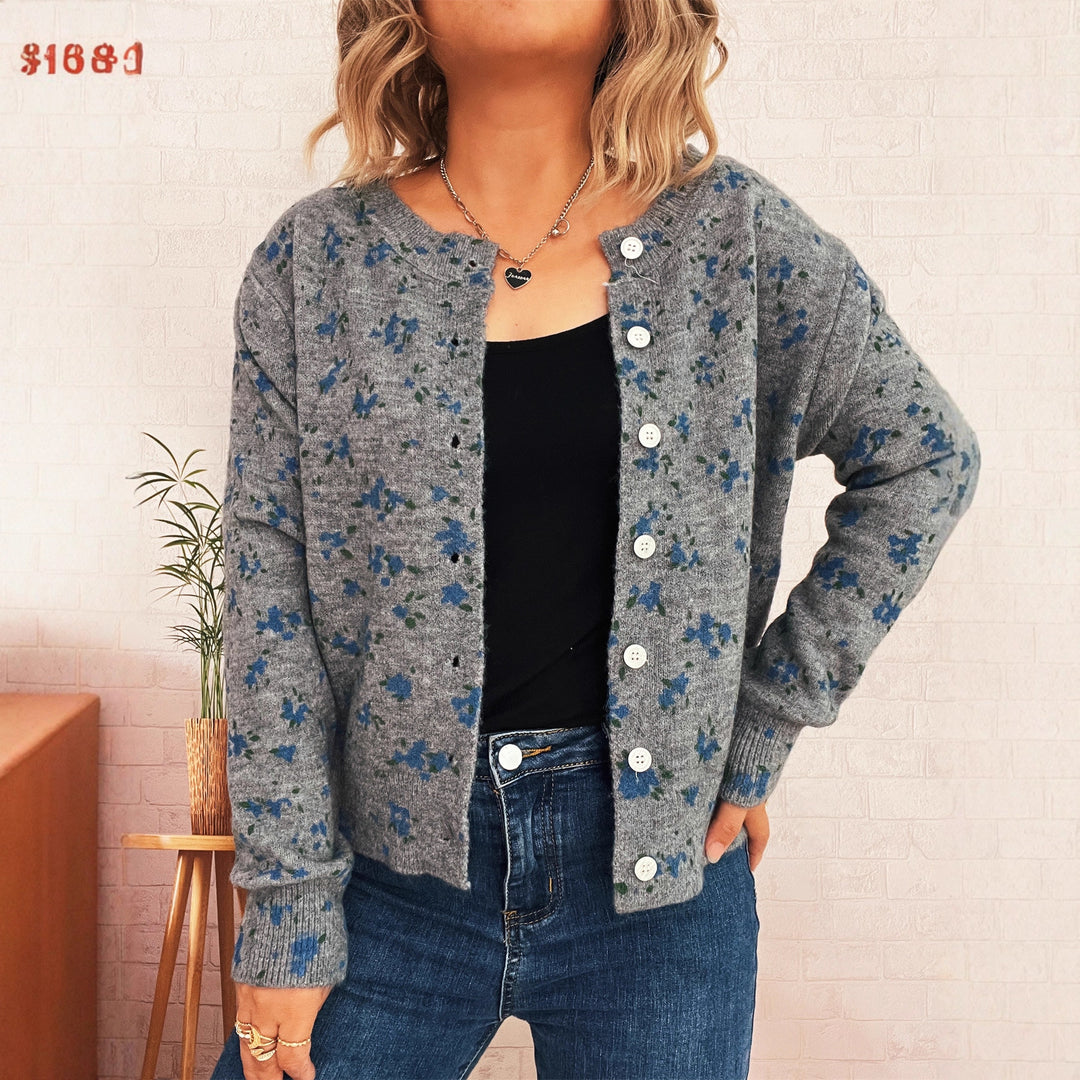 Damen gemütliche Strickjacke mit floralen Mustern und Knopfverschluss Drune