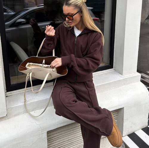 Damen Fleece Freizeitanzug mit stylischer Kapuze und elastischem Bund Drune