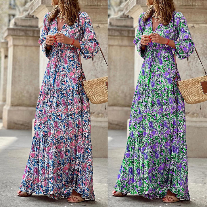 Damen Maxikleid mit floralen Mustern und modischem Taillengürtel Drune
