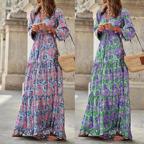 Damen Maxikleid mit floralen Mustern und modischem Taillengürtel Drune