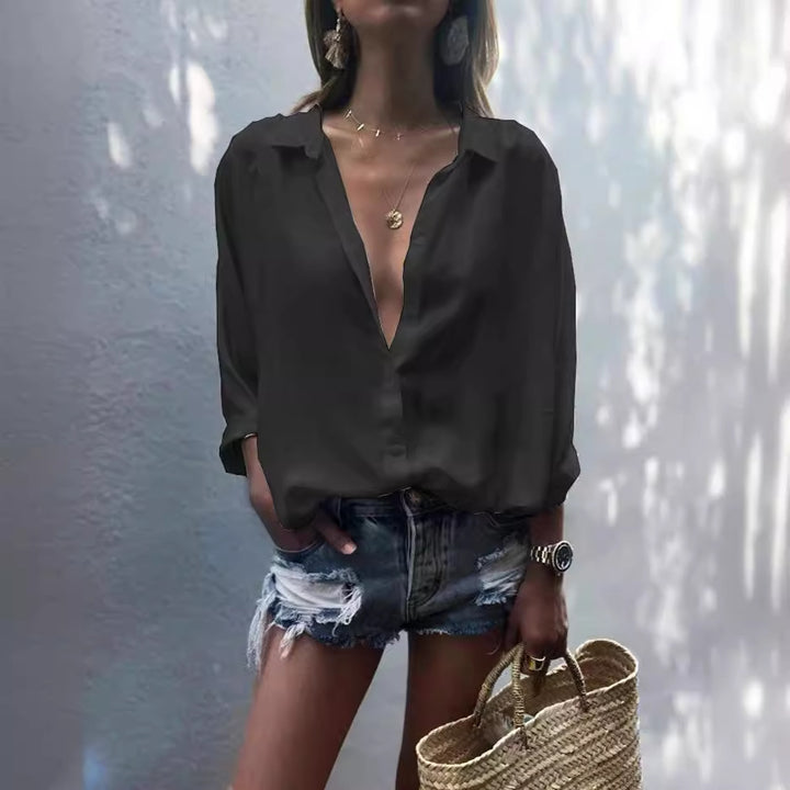 Damen lässige Chiffonbluse mit tiefem V-Ausschnitt und lockerer Passform Drune