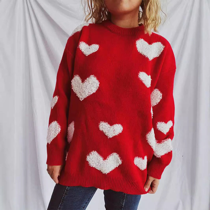 Damen Pullover mit Herzmuster und flauschigen Applikationen Drune