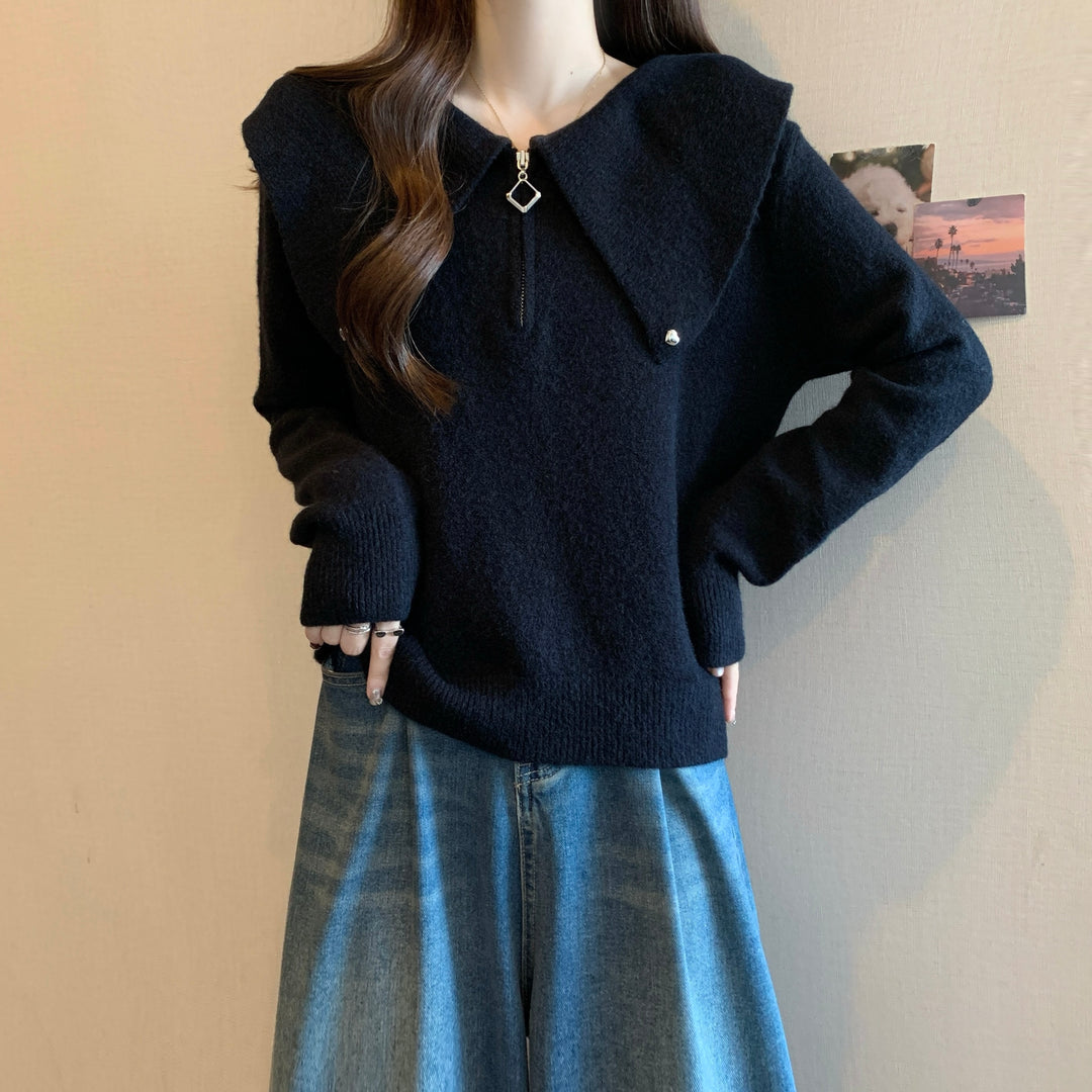 Damen Pullover mit einzigartigem Kragen und dekorativem Reißverschluss Drune