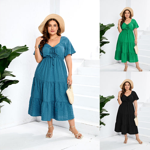 Damen Sommerliches Midikleid mit schmeichelndem Taillenzug und luftigen Ärmeln Drune