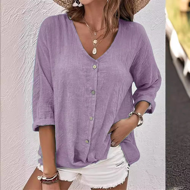 Damen lässige Bluse mit Knopfleiste und V-Ausschnitt Drune