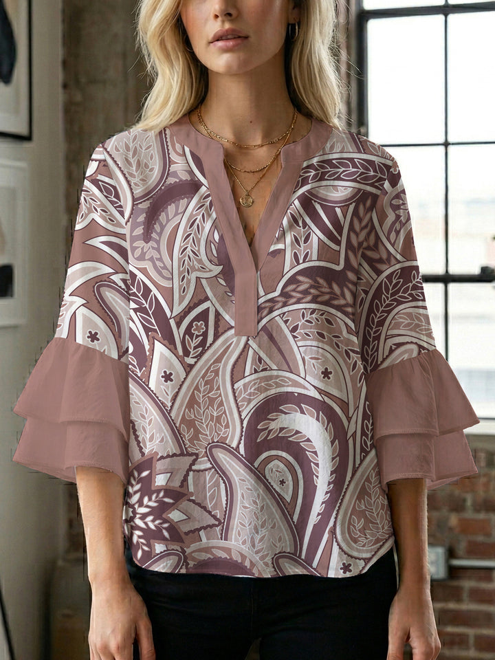 Damen Bluse mit voluminösen Rüschenärmeln und kreativem Floraldesign Drune