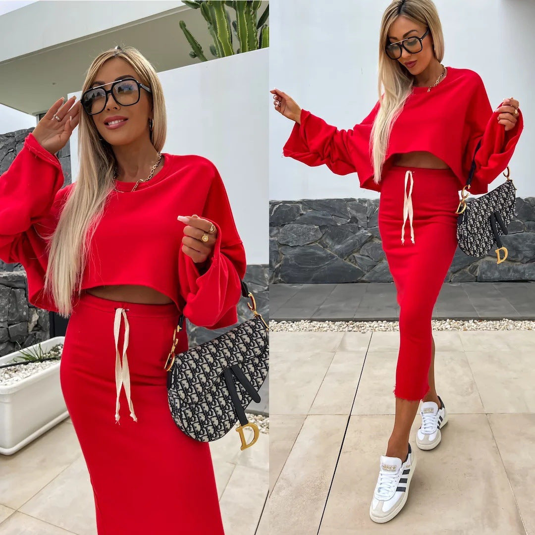 Damen Cropped Sweatshirt und Midirock Set Drune