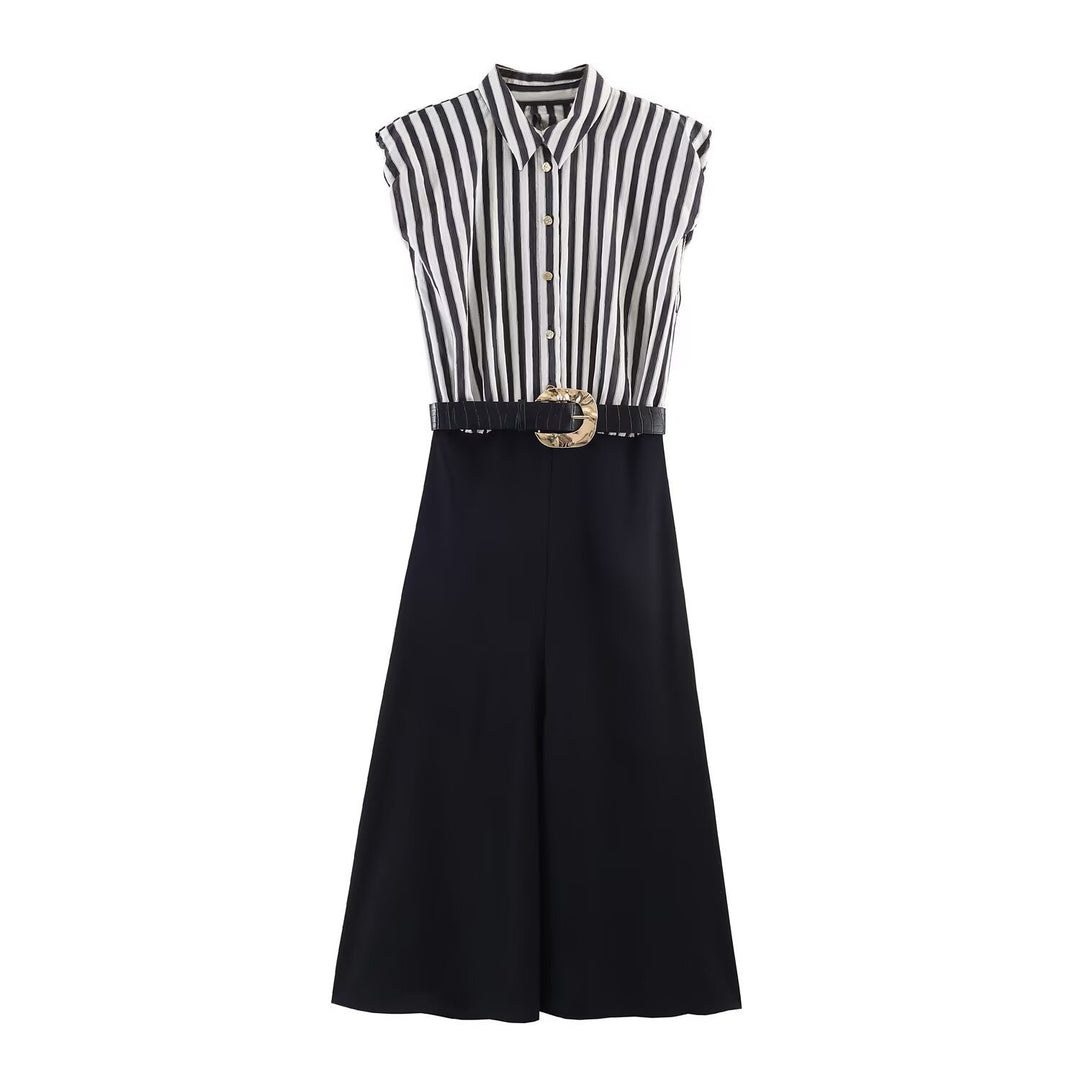 Damen Jumpsuit mit elegantem Streifenmuster und dekorativem Gürtel Drune