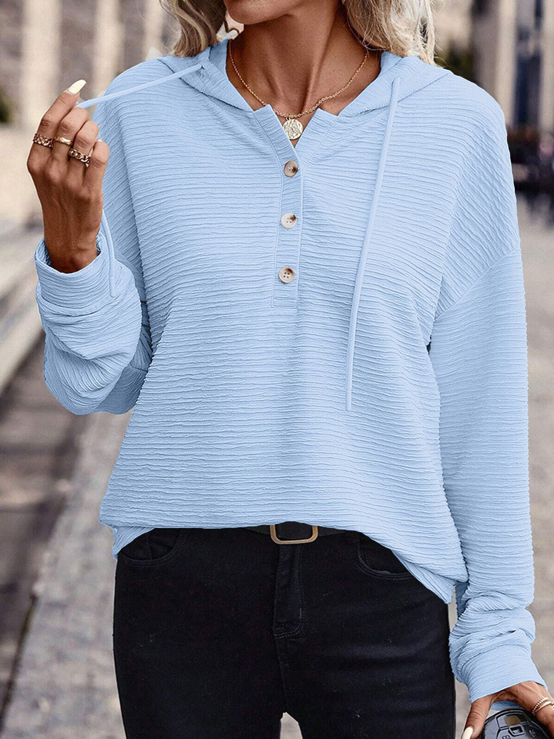 Damen Kapuzenshirt mit Knopfleiste und strukturierter Oberfläche Drune