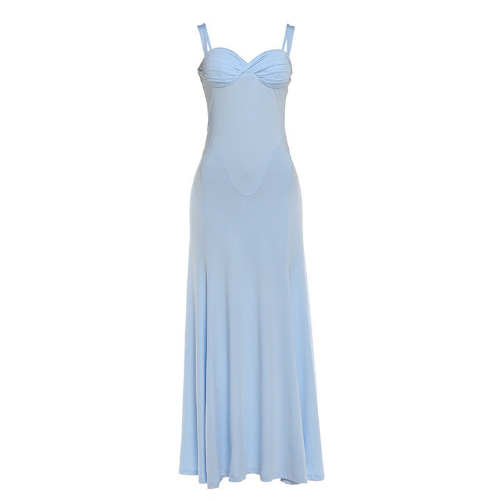 Damen Elegantes Maxikleid mit fein gerafftem Oberteil und Spaghettiträgern Drune
