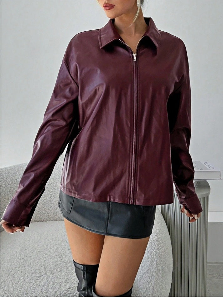 Damen leichtgewichtige Kunstlederjacke mit modernem Reißverschluss Drune