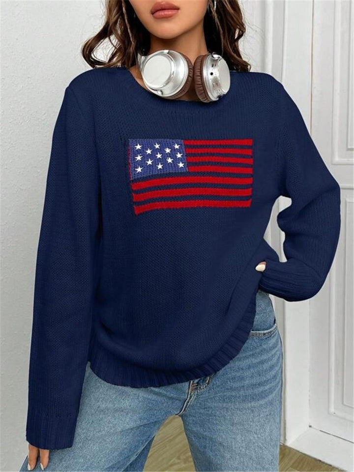 Damen lässiger Crop-Pullover mit Flaggenmuster und strukturiertem Strick Drune