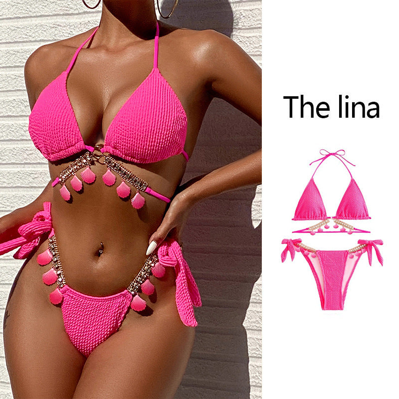Damen Spitzen-Bikini mit dekorativen Pompons und luxuriösen Kettendetails Drune