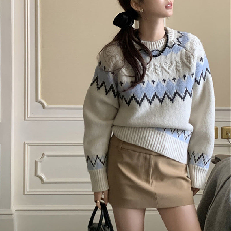 Damen modischer Strickpullover mit grafischem Muster Drune