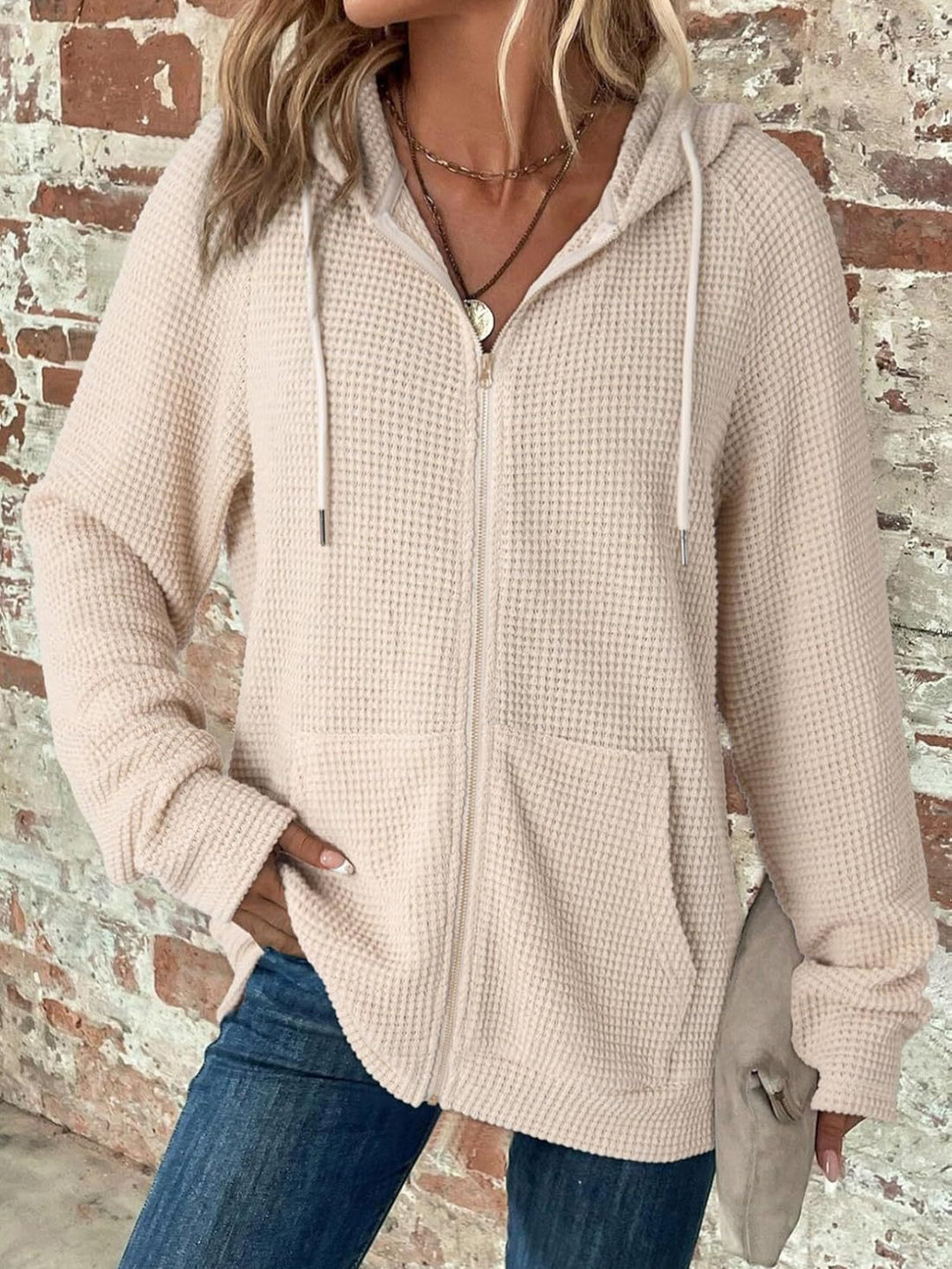 Damen lässige Kapuzenjacke mit strukturiertem Waffelmuster und praktischen Taschen Drune