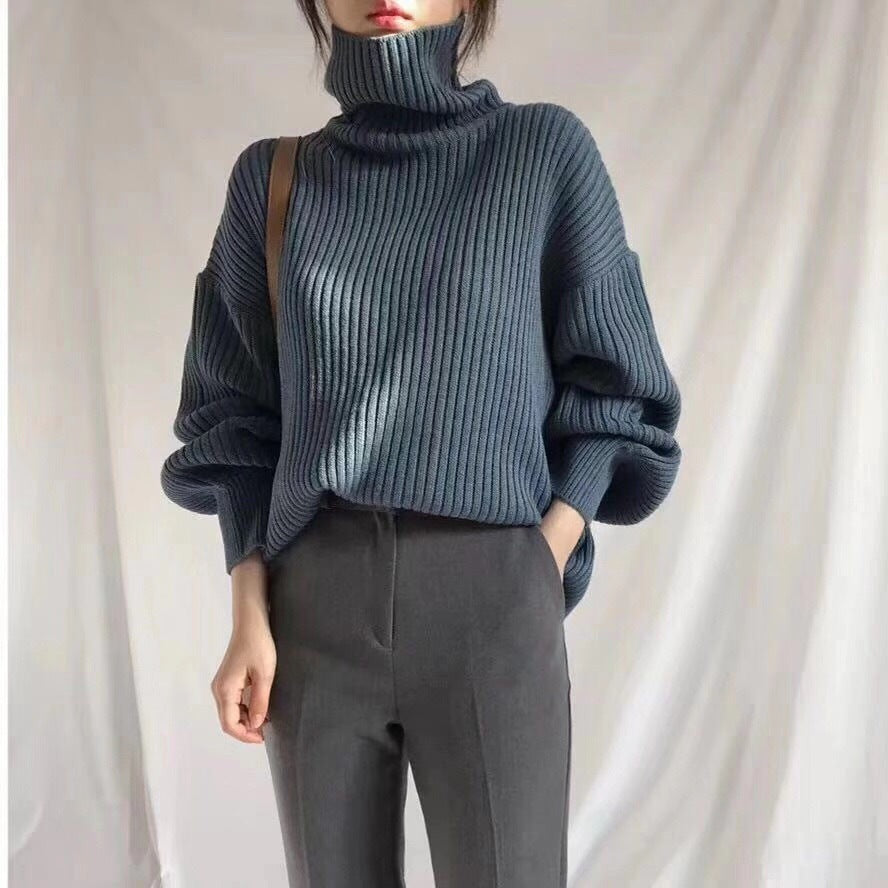 Damen Grobstrickpullover mit hohem Kragen und voluminösen Ärmeln Drune