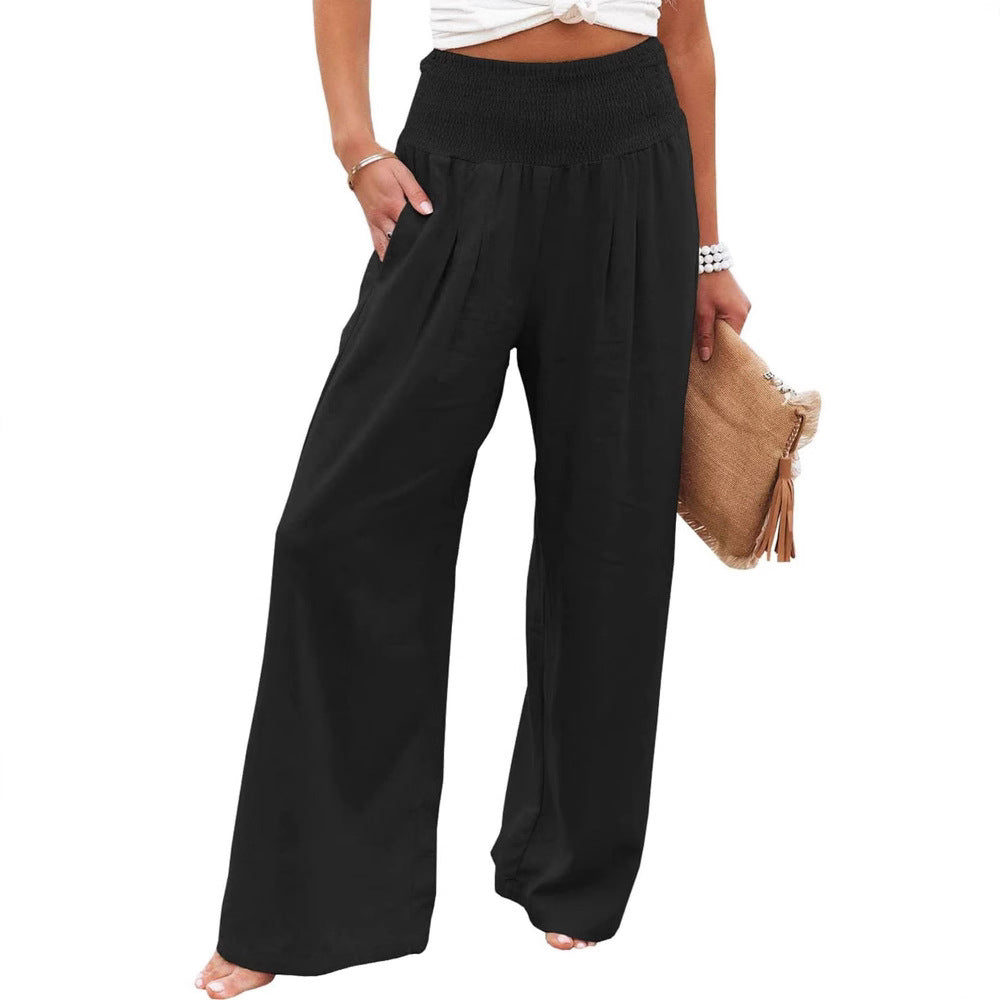 Damen Weite Leinenhose mit elastischem Bund und Falten Drune