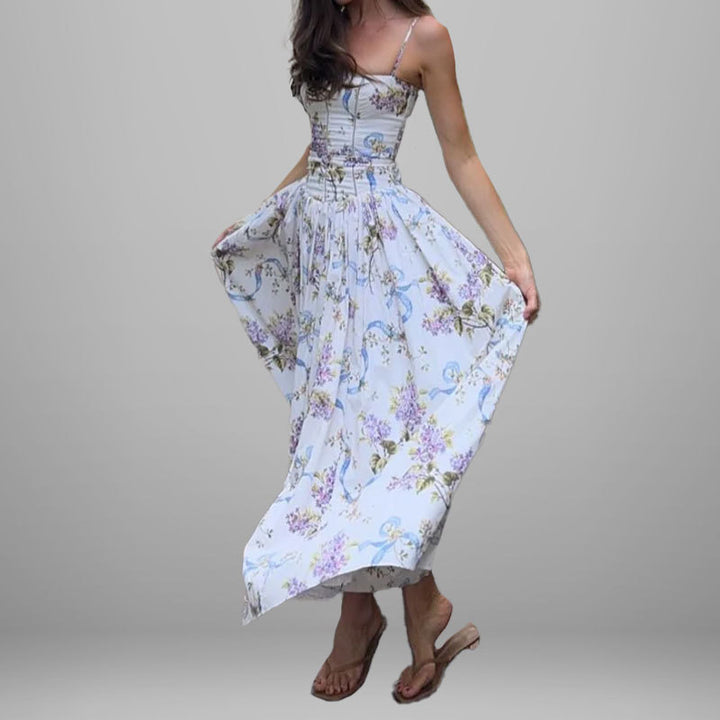 Damen Maxikleid mit floralen Mustern und gerafftem Oberteil Drune