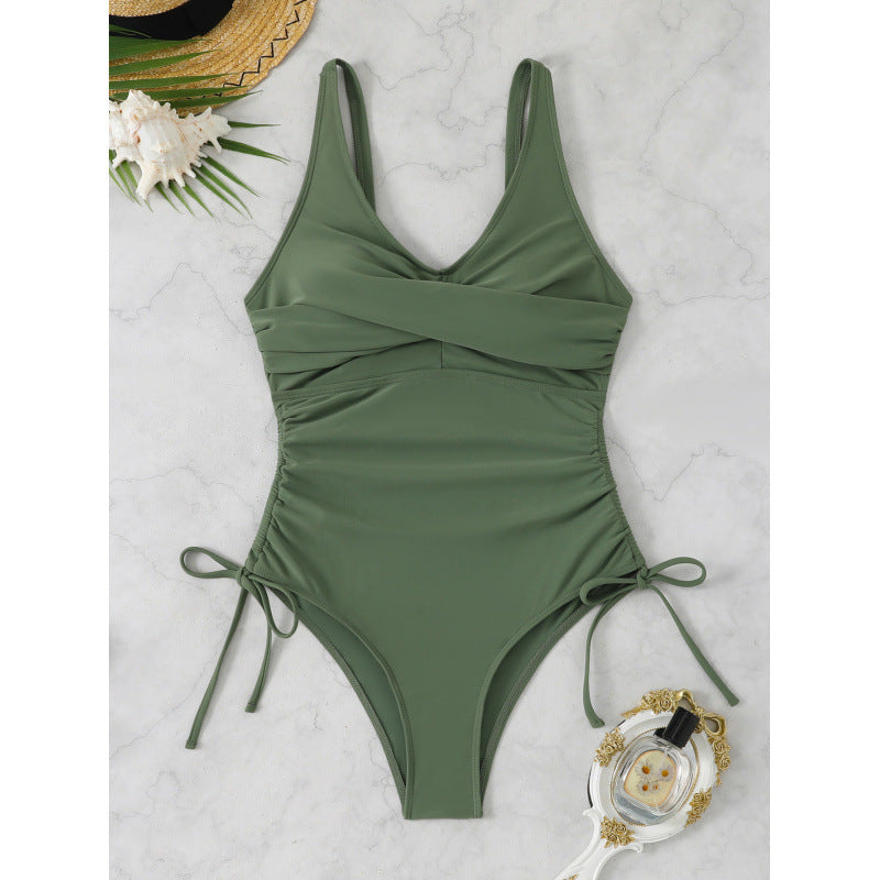 Damen Einteiler Badeanzug mit elegantem Wickeldesign und verstellbaren Schnürdetails Drune