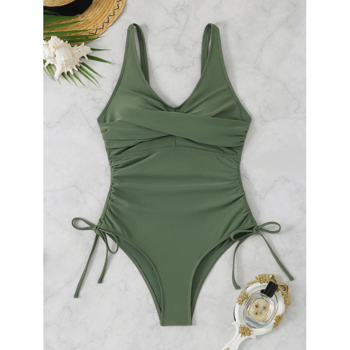 Damen Einteiler Badeanzug mit elegantem Wickeldesign und verstellbaren Schnürdetails Drune
