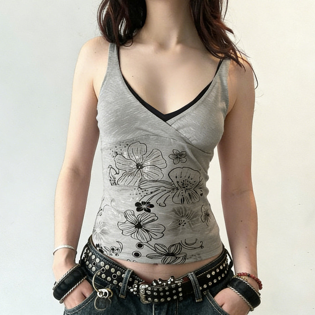 Damen Crop-Top mit floralem Design und Spaghetti-Trägern Drune