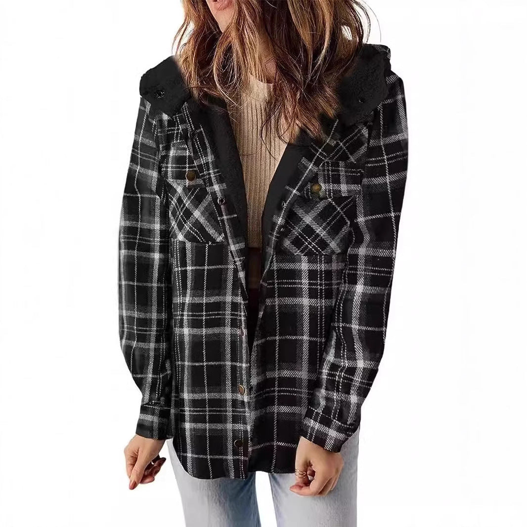 Damen Karierter Flanell-Jacke mit kuscheligem Innenfutter Drune