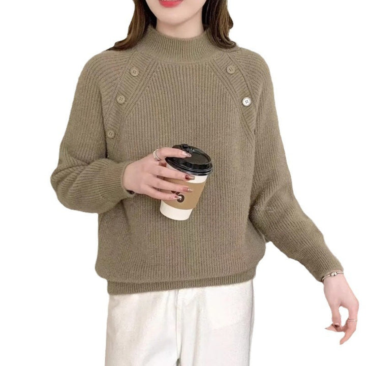 Damen Grobstrickpullover mit modernem Stehkragen und Knopfdetails Drune