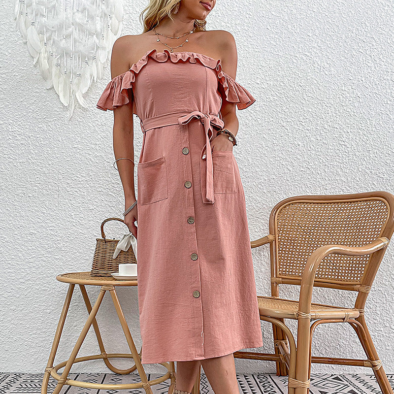 Damen Off-Shoulder Midi-Kleid mit Rüschendetails und Bindegürtel Drune