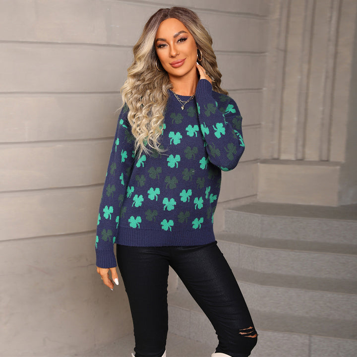 Damen kuscheliger Strickpullover mit Kleeblatt-Muster Drune