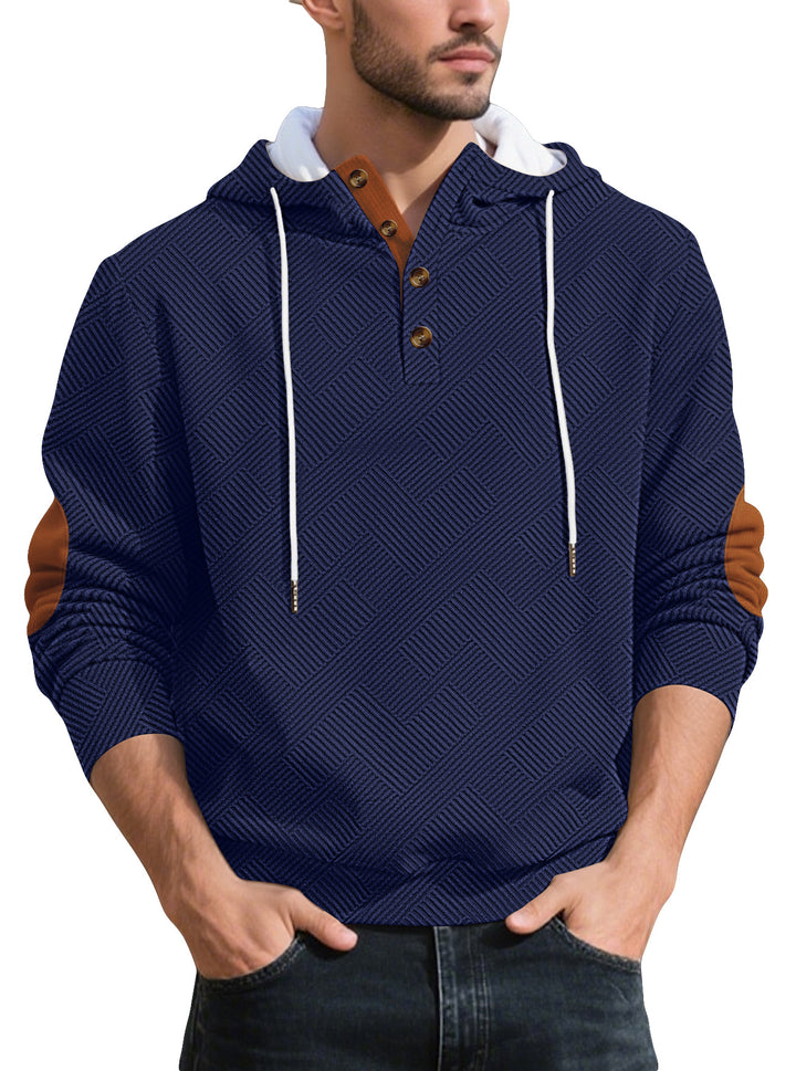 Herren nan strukturierter Kapuzen-Henley-Pullover mit Jacquardstruktur, Knopfleiste und Ellenbogenpatches Drune