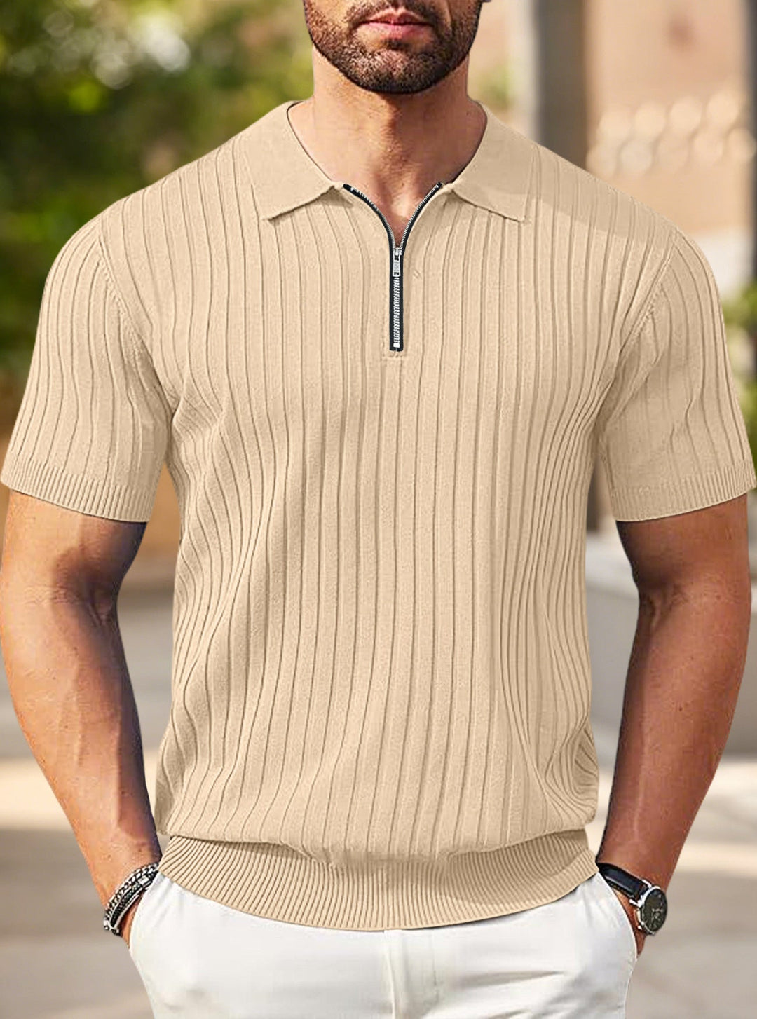 Herren nan elegantes strukturiertes Kurzarm-Strickpolo mit kurzem Metallreißverschluss und Hemdkragen Drune