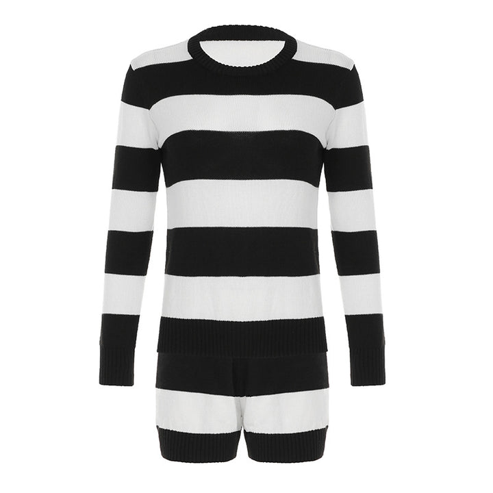 Damen nan gestreifter Rundhals-Pullover aus Feinstrick mit gerippten Bündchen und schmaler Passform Drune