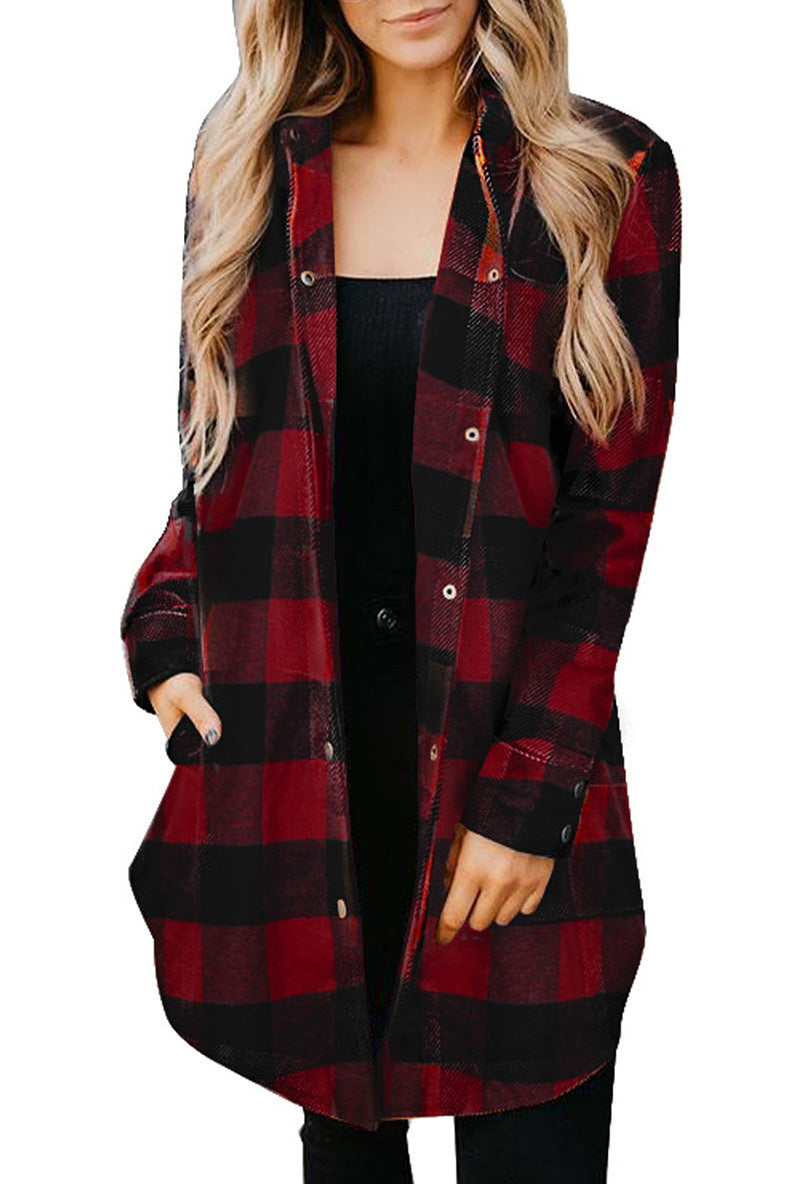 Damen lässige Longbluse im Karo-Design mit Knopfleiste Drune