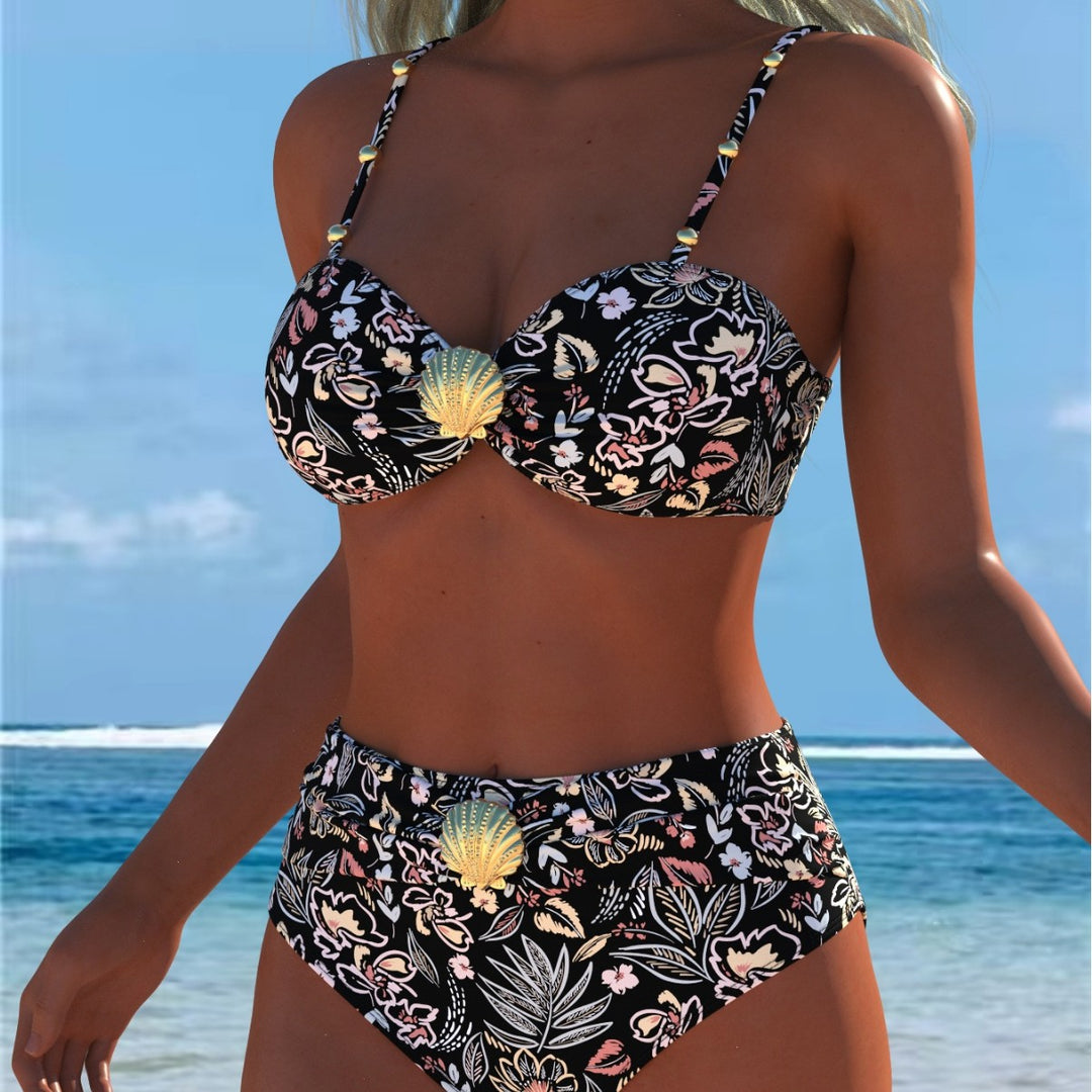 Damen Balconette-Bikini mit hohem Taillen-Schnitt und dekorativem Muschel-Detail Drune