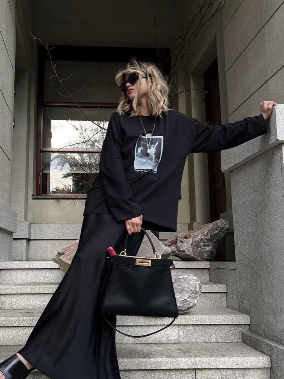 Damen Elegantes Oversized-T-Shirt mit grafischem Print und langen Ärmeln Drune