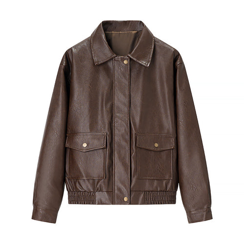 Damen modische Kunstlederjacke mit praktischen Pattentaschen und elastischem Saum Drune