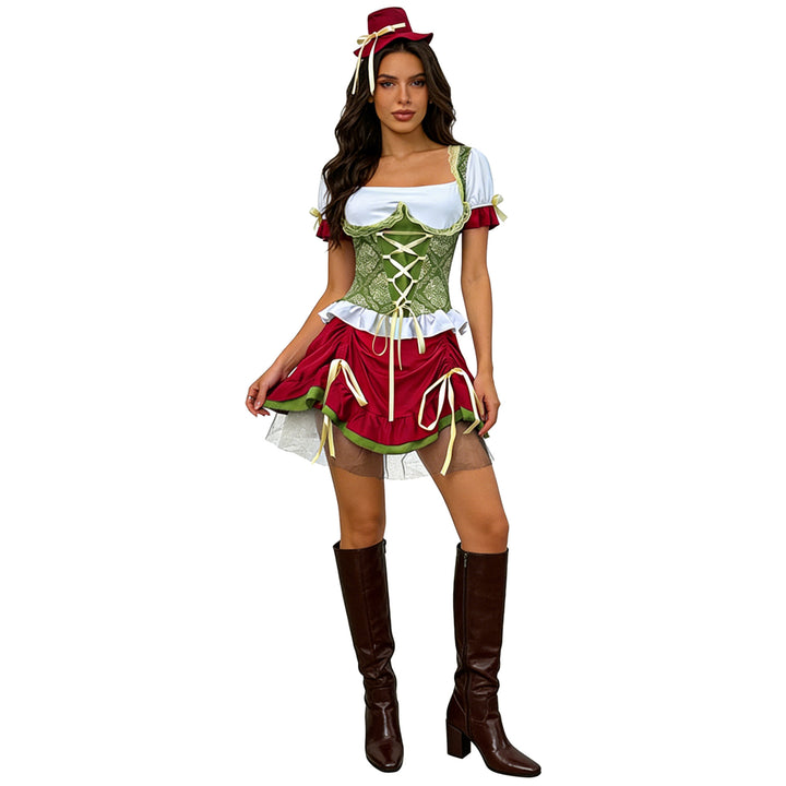 Damen nan kurzes Dirndl Trachtenkleid mit Schnürcorsage, Spitzenkragen und gerafftem Rock Drune