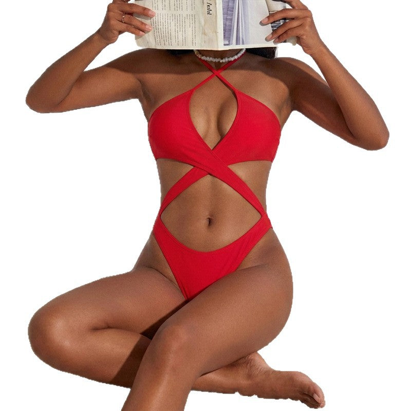 Damen Cut-Out Badeanzug mit überkreuzten Trägern und tiefem V-Ausschnitt Drune