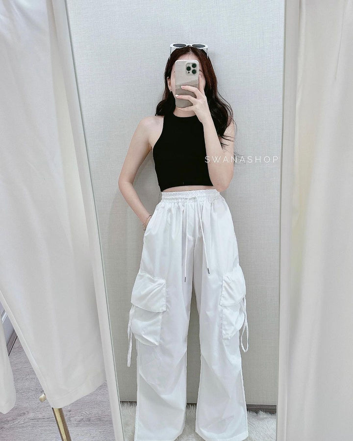 Damen nan ultraleichte Freizeit-Hose mit hohem Elastikbund, Kordelzug und verstellbarem Beinabschluss Drune