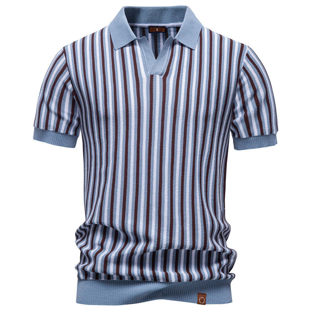 Herren nan gestreiftes Strickpoloshirt kurzarm aus feiner Baumwollmischung mit Polokragen und Rippbündchen Drune