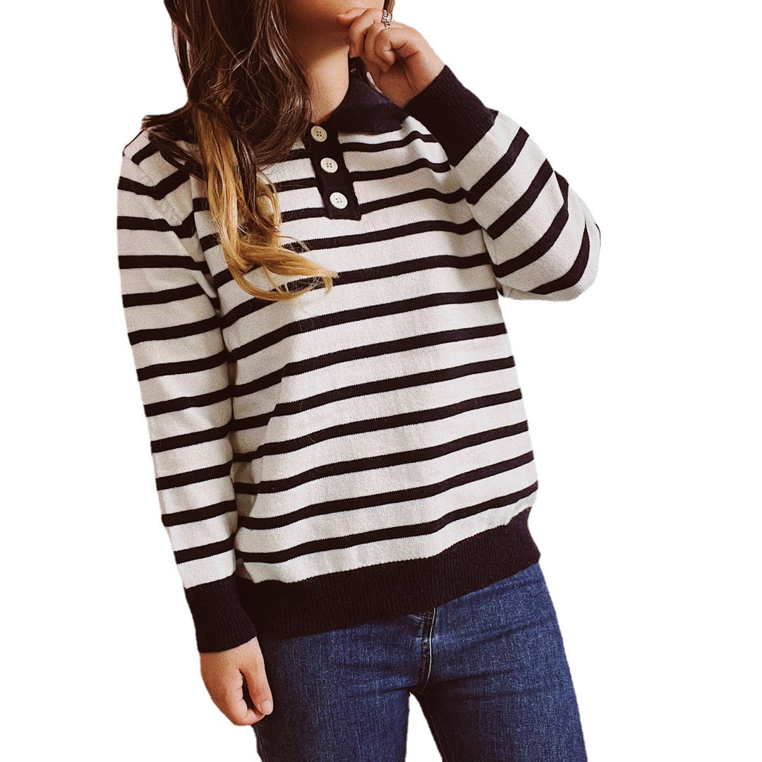 Damen legerer Streifenpullover mit Knopfleiste und weitem Schnitt Drune