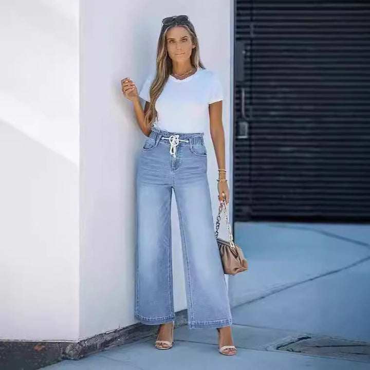 Damen nan hochgeschnittene Weitbein-Jeans mit Kordelbund und lässiger Culotte-Silhouette Drune