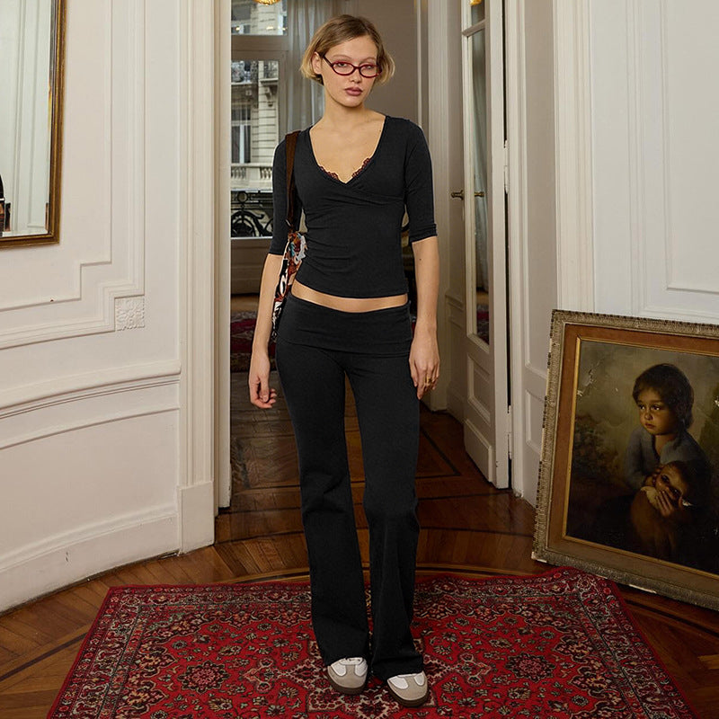 Damen lässiges Set aus elegantem Oberteil und fließenden Schlaghosen Drune