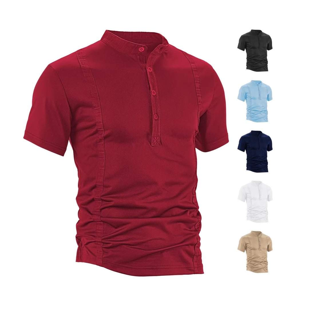 Herren nan Kurzarm-Stehkragenshirt mit verdeckter Knopfleiste, Zierpaspeln und figurbetonter Silhouette Drune